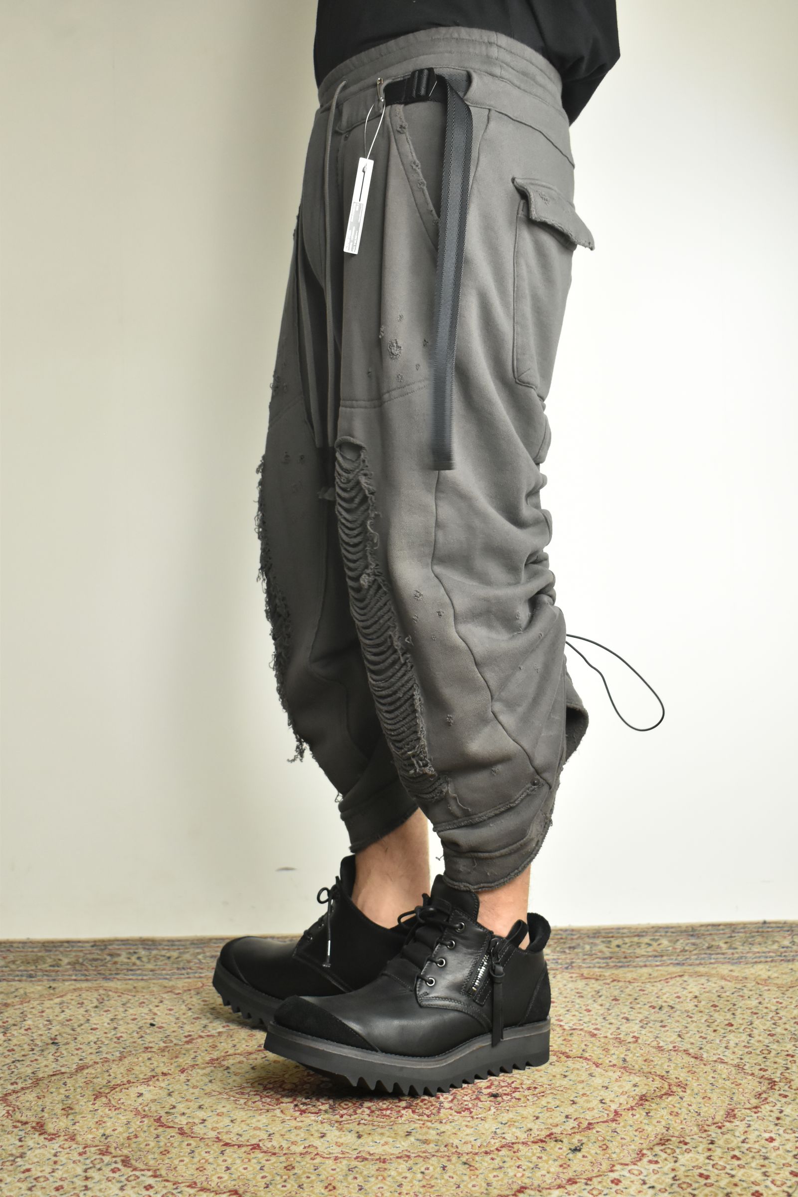 Untwisted Yarn Fleece Shotgun Wide Cropped Pants"Charcoal" / 無撚糸裏毛ショットガンワイドクロップドパンツ"チャコール"