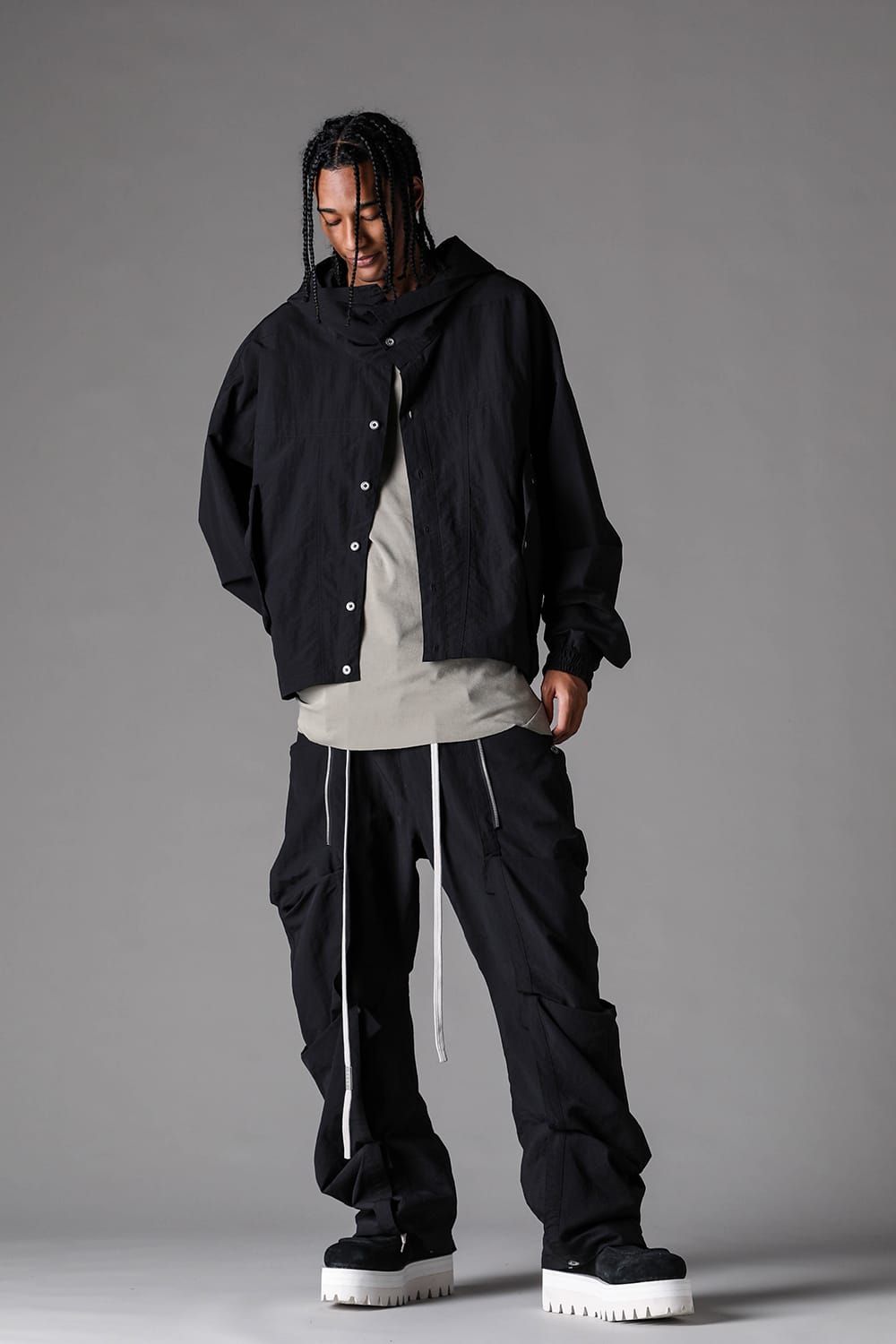 《2027SS先行予約》Rayon Nylon Hoodie Blouson "Black / Grey / L.Khaki" /レーヨンナイロンフーディブルゾン"ブラック/グレー/ライトカーキ"