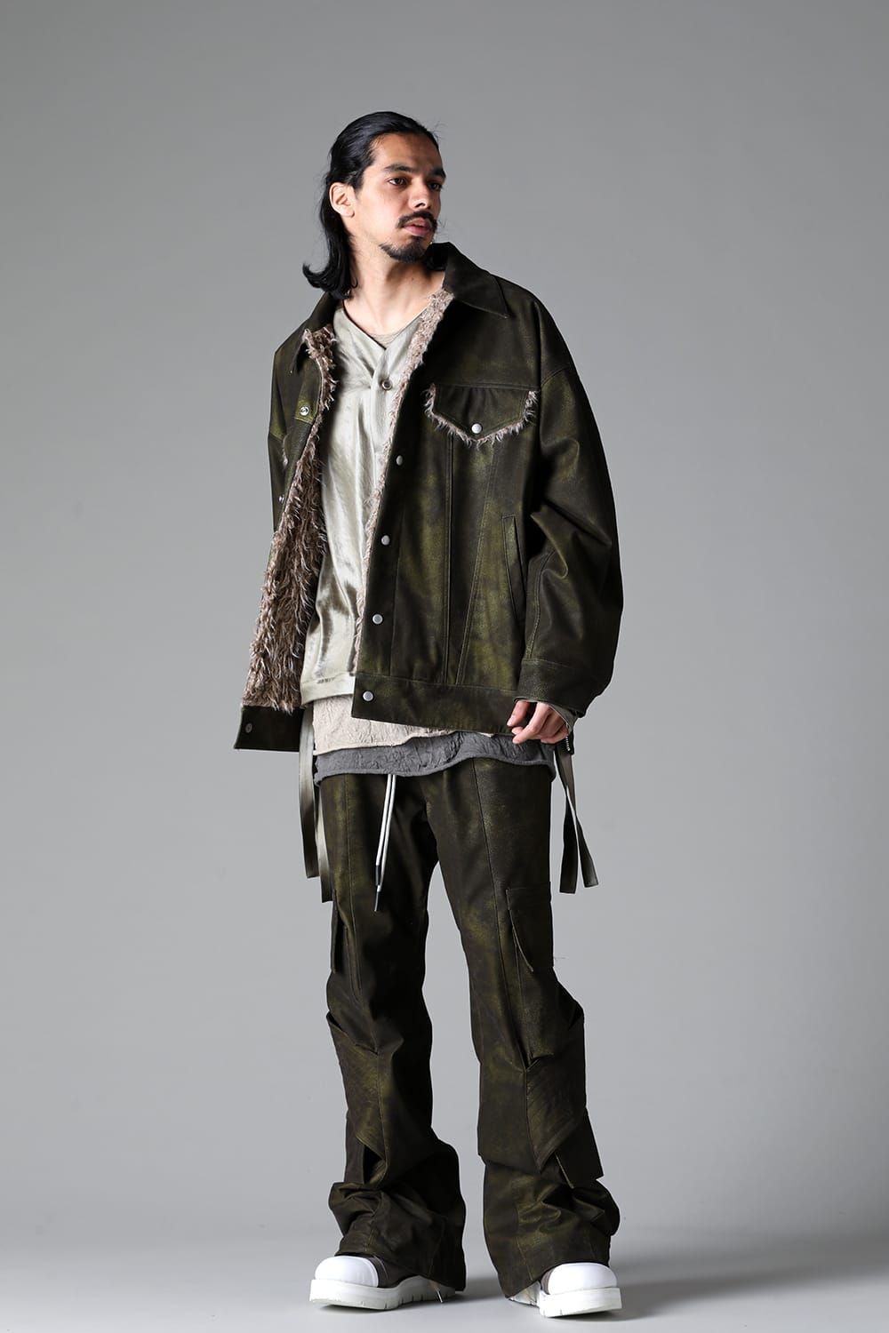 《2025AW先行予約》Synthetic Leather Jumbo Jacket"Black/Khaki" / シンセティックレザージャンボジャケット"ブラック/カーキ"