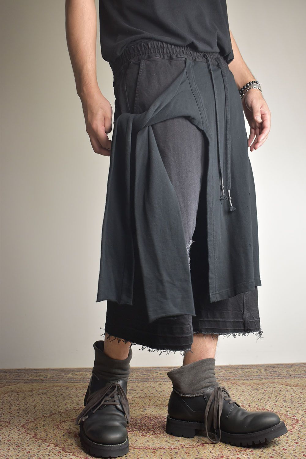 Stretch Denim Distressed Apron Wide Cropped Pants "Black" / ストレッチデニムダメージエプロンワイドクロップドパンツ"ブラック"