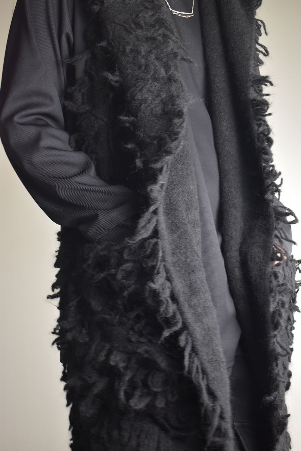 5GG Long Pile Knit Hoodie Stole"Black" / ロングパイルニットフーディストール"ブラック"