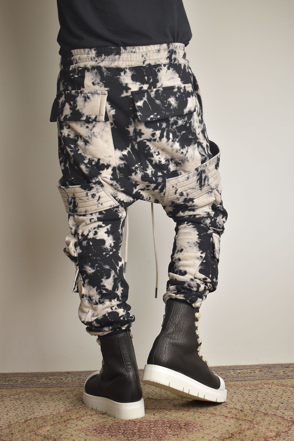 Discharge Pinting Belt Cargo Sarouel Jogger"Black×Ivory" /ディスチャージプリントベルトカーゴサルエルジョガー"ブラック×アイボリー"