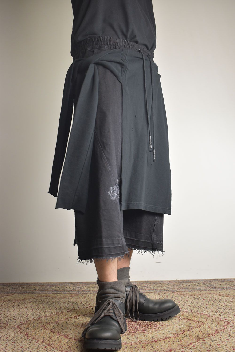 Stretch Denim Distressed Apron Wide Cropped Pants "Black" / ストレッチデニムダメージエプロンワイドクロップドパンツ"ブラック"