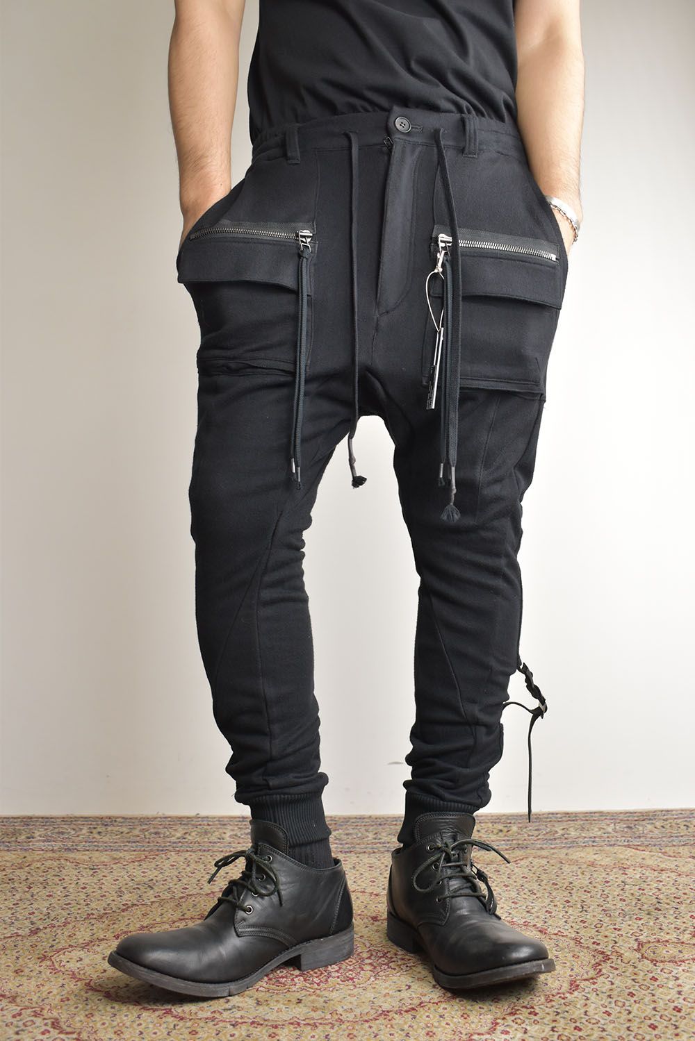 Non-ply Yarn Lined Belt Adjustable Crotch Jog Pants "Black" / 無撚糸裏毛ベルトアジャストロークロッチジョグパンツ"ブラック"