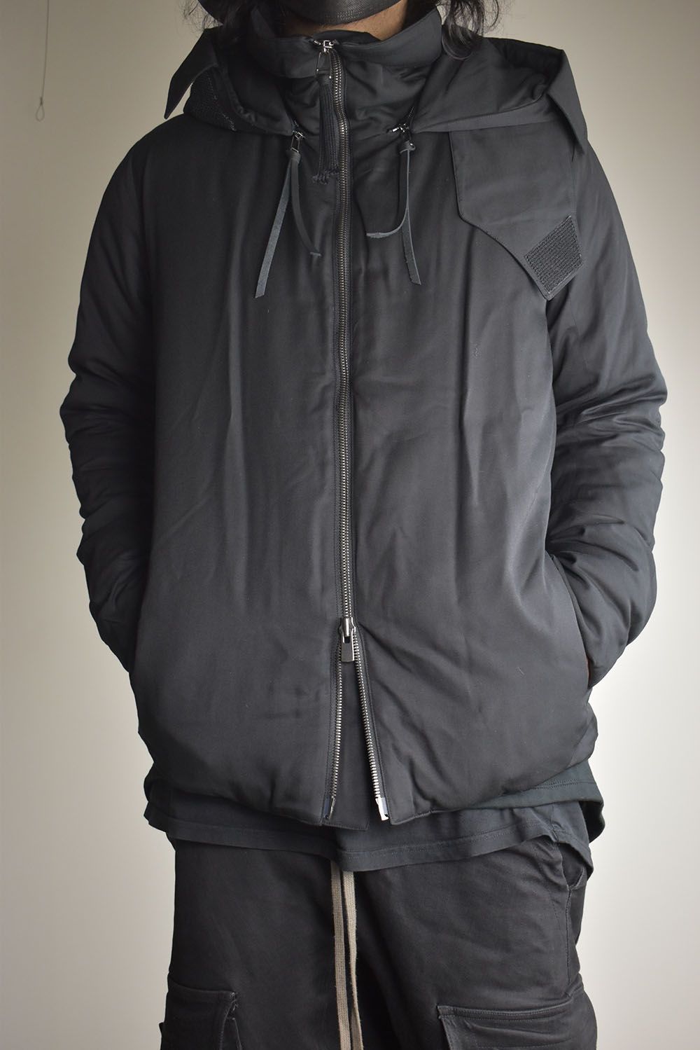Rayon Twill Vest Hooded Down Jacket "Black" / レーヨンツイルベスト/フードアタッチドダウンジャケット"ブラック"