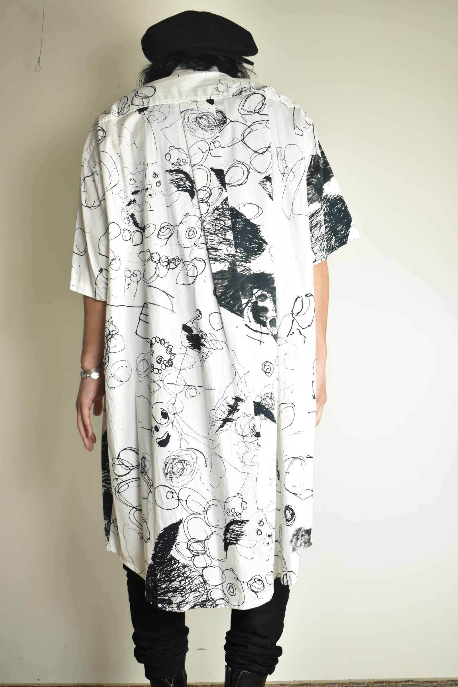 Cotton Twill Ink Jet Short-Sleeved Big Shirt&Dress"White Black" / コットンツイルインクジェット半袖ビッグシャツ / ワンピース"ホワイト ブラック"