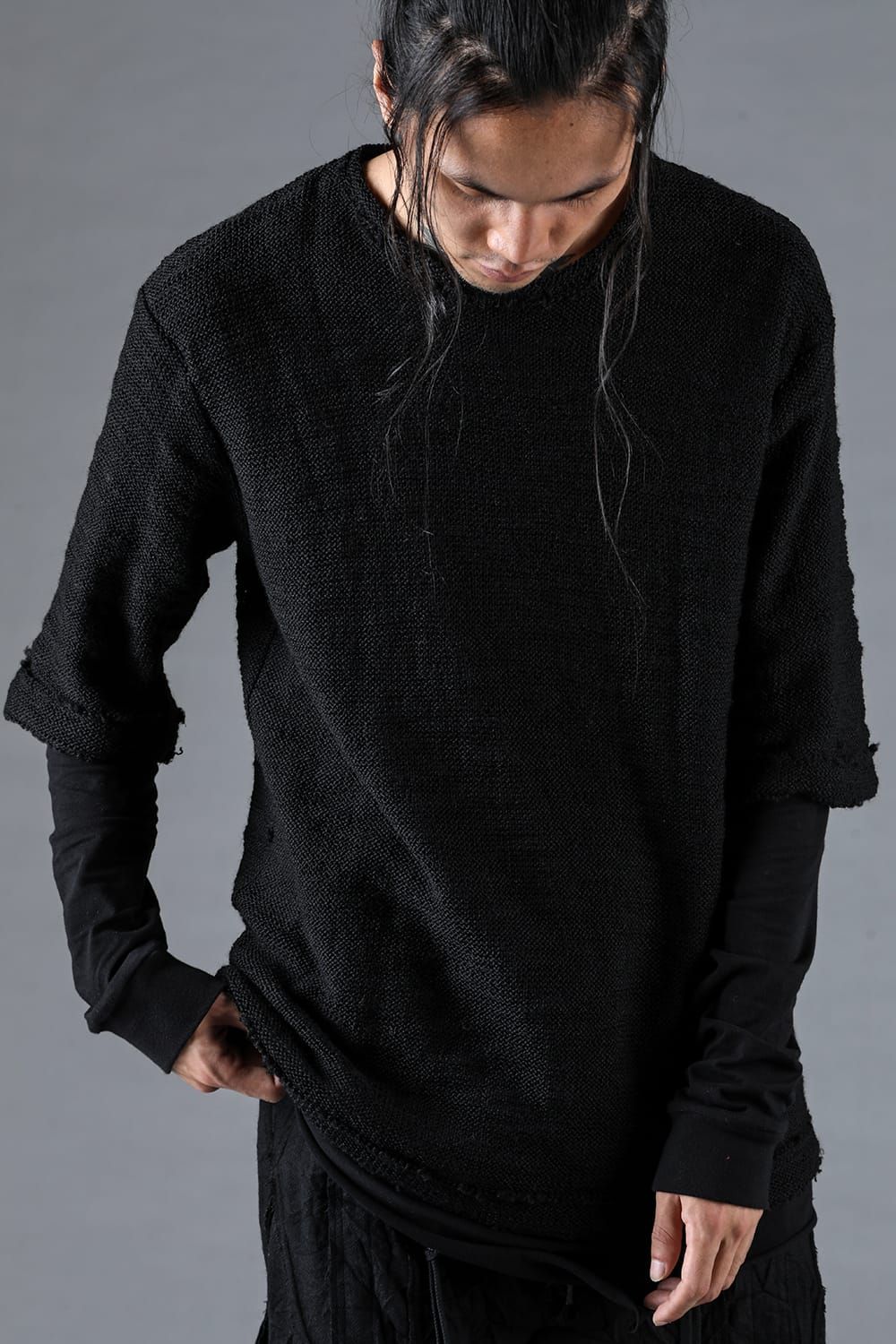 Low Gauge Knit and Cotton Jersey Layered T-Shirt "Black" / ローゲージニット×コットンジャージレイヤードTシャツ"ブラック"