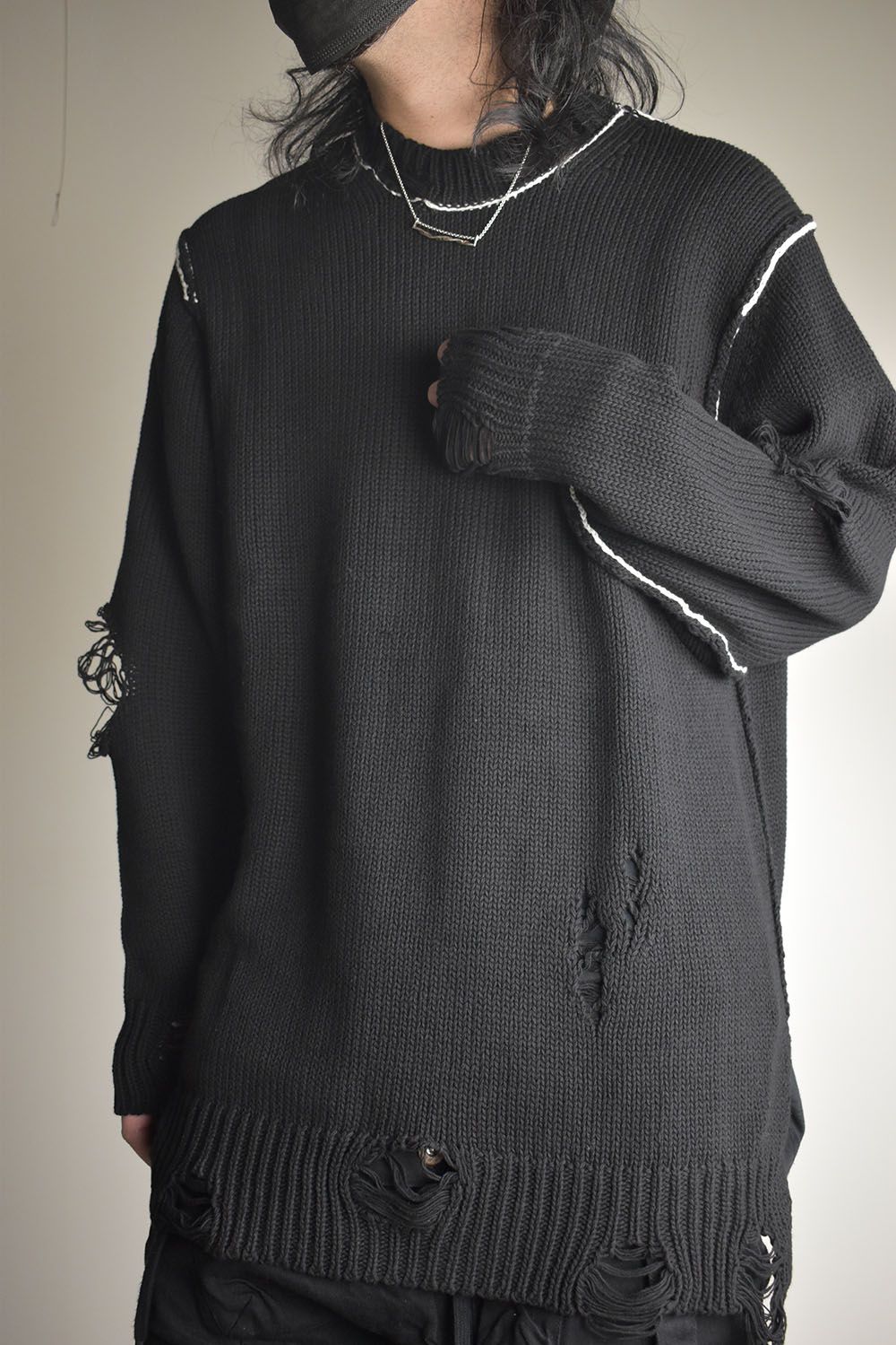 Cotton 3GG Damaged Knit Pullover"Black" / コットン 3GG ダメージニットプルオーバー"ブラック"