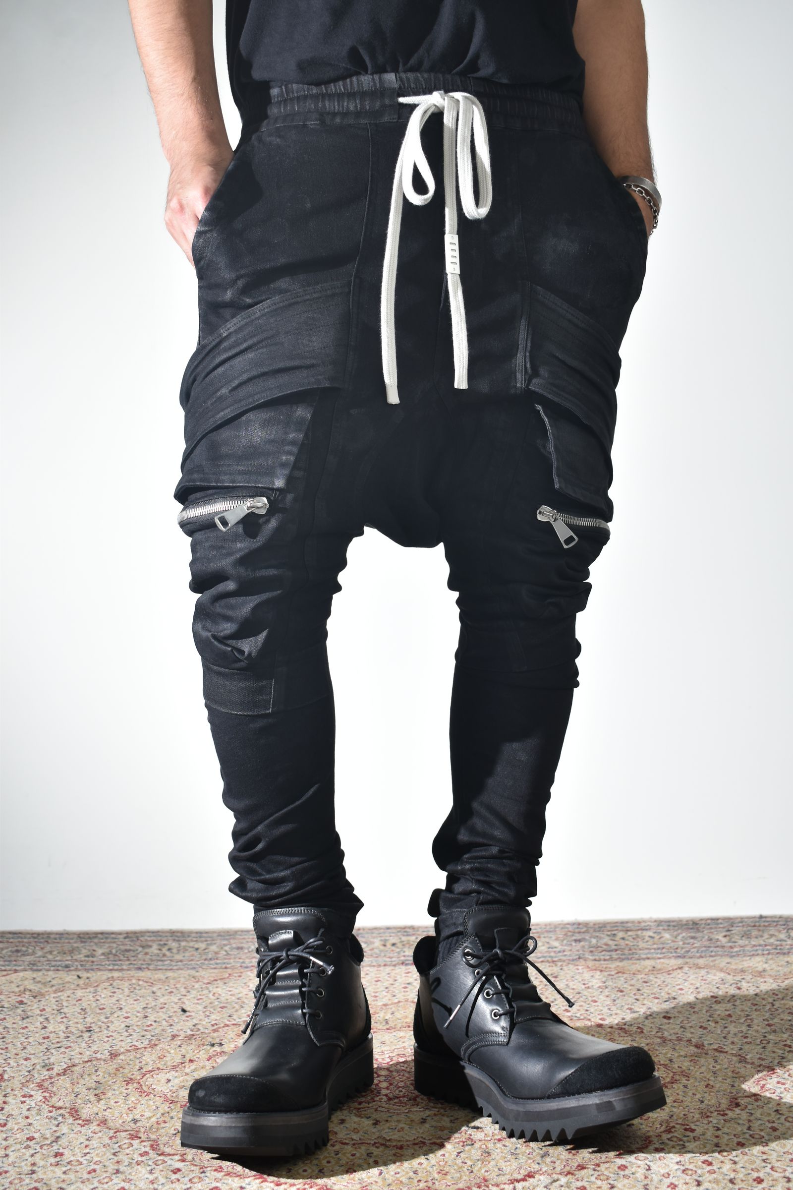 Strtch Denim Coatiing Cargo Sarouel Skinny"Black" / ストレッチデニムコーティングカーゴサルエルスキニー"ブラック"