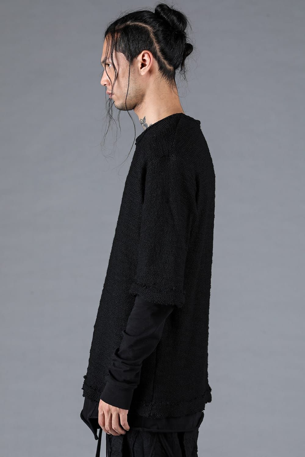 Low Gauge Knit and Cotton Jersey Layered T-Shirt "Black" / ローゲージニット×コットンジャージレイヤードTシャツ"ブラック"