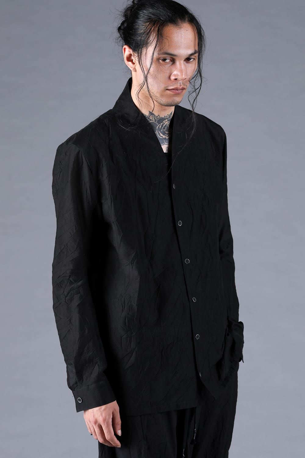 Silk Cotton Washer Shawl Collar Shirt"Black" / シルクコットンワッシャーショールカラーシャツ"ブラック"