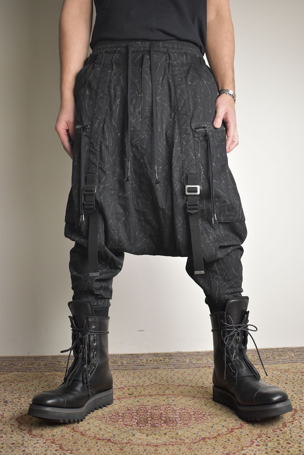 Catch Washer Bleach Belt Adjustable Sarouel Cargo Pants"Black" / キャッチワッシャーブリーチベルトアジャスタブルサルエルカーゴパンツ"ブラック"