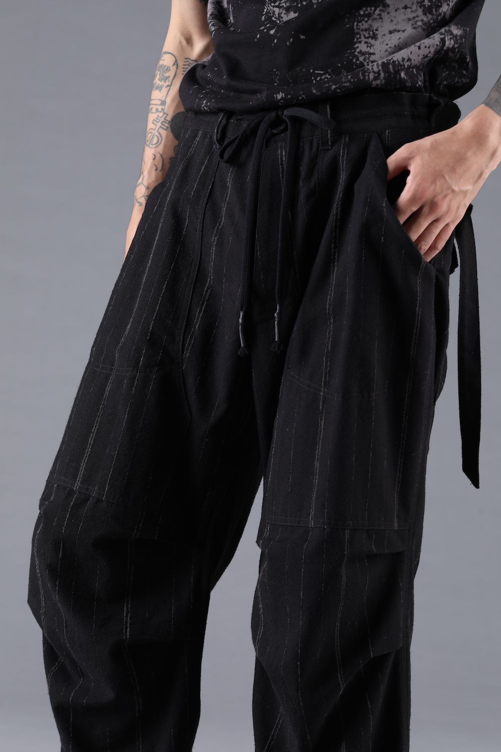 Faded Random Stripe Wide Cropped Pants"Black" / フェードランダムストライプワイドクロップドパンツ"ブラック"