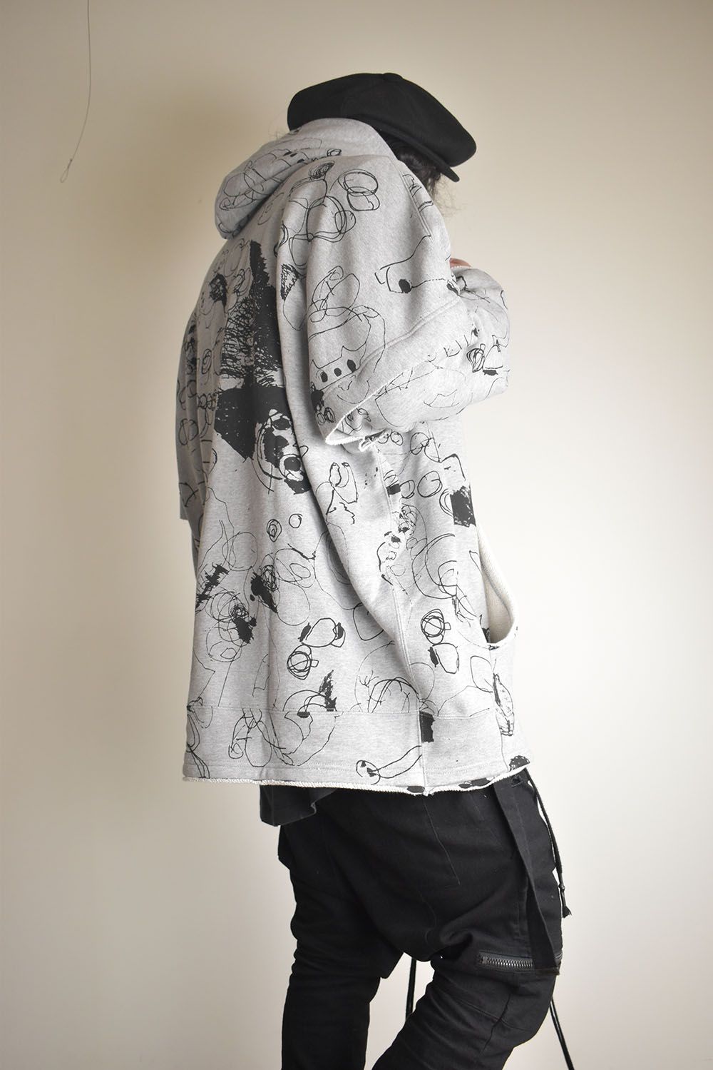 Sweat Oversize Print Zip Up Hoodie"Grey" / スウェットオーバーサイズプリントジップアップパーカ"グレー"