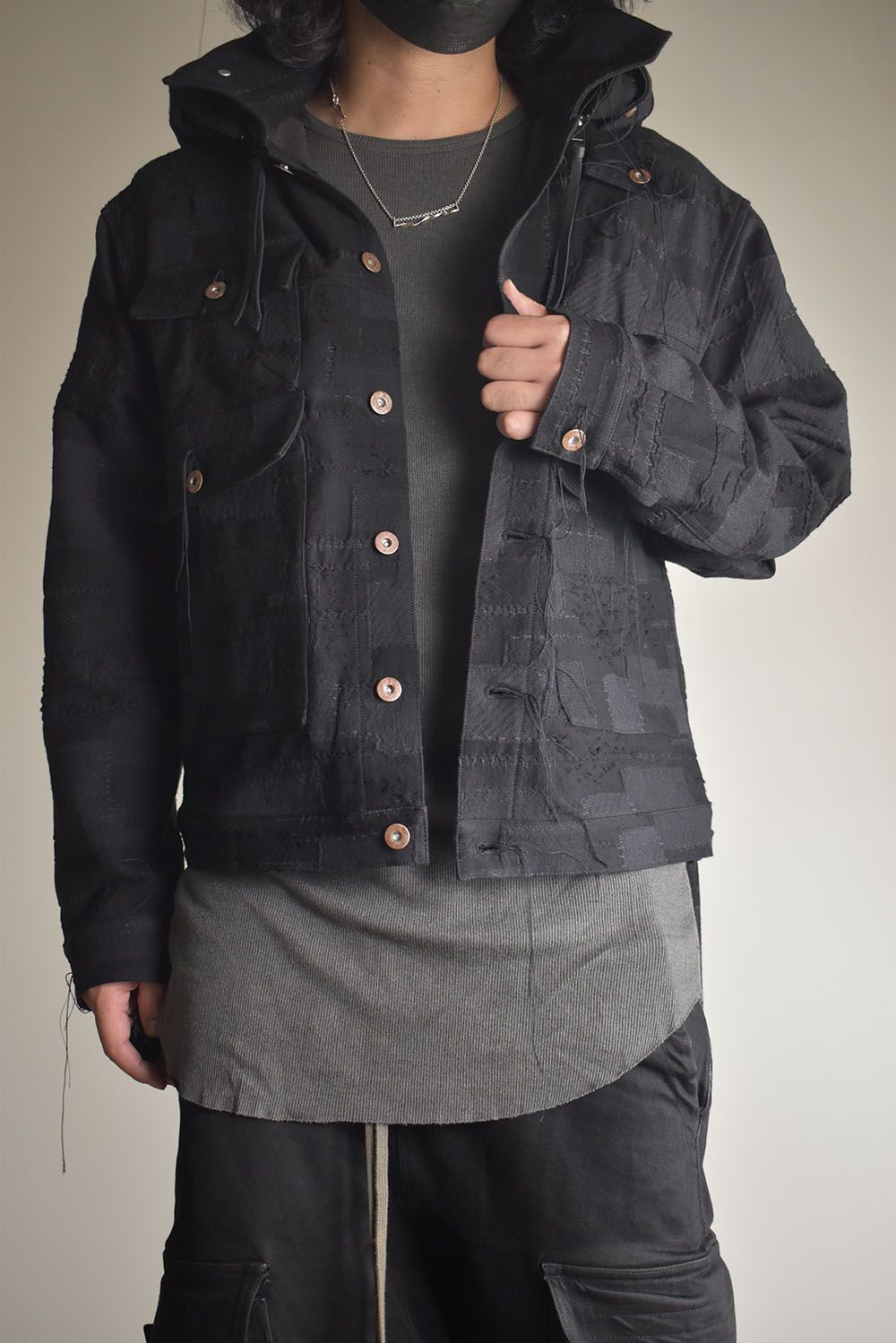 Crust Patchwork Jacquard Hood Attached Jacket "Black" / クラストパッチワークジャガードフードアタッチドジャケット"ブラック"