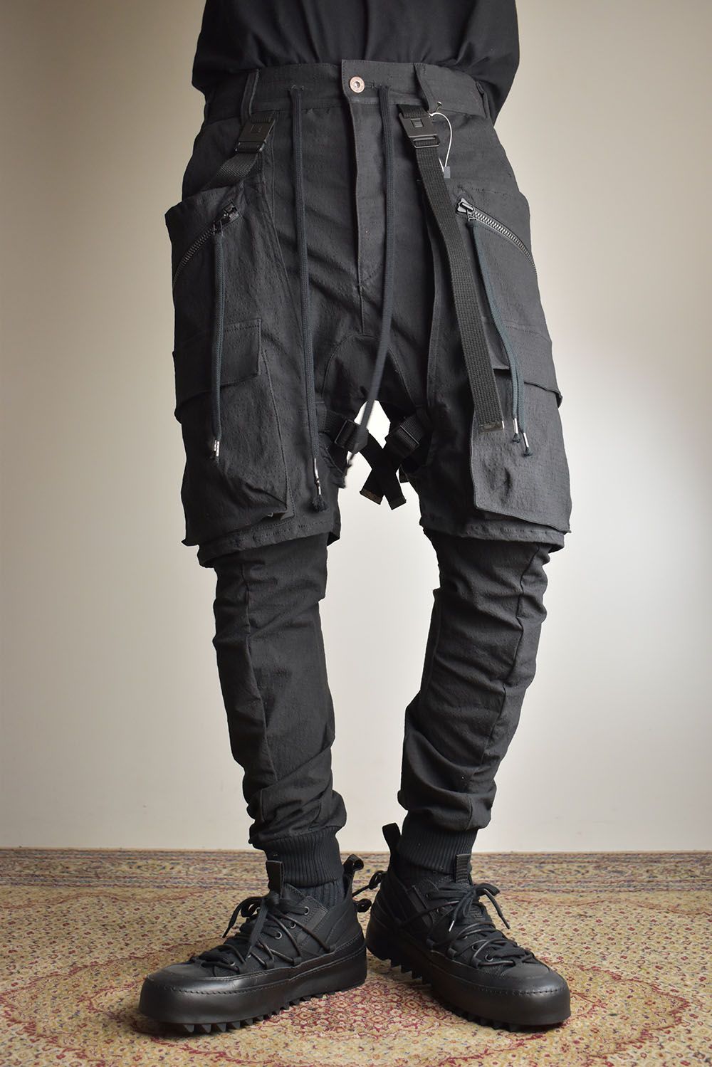 Ripstop Detachable Shorts Layered Cargo Jog Pants"Black" / リップストップデタッチャブルショーツレイヤードカーゴジョグパンツ"ブラック"