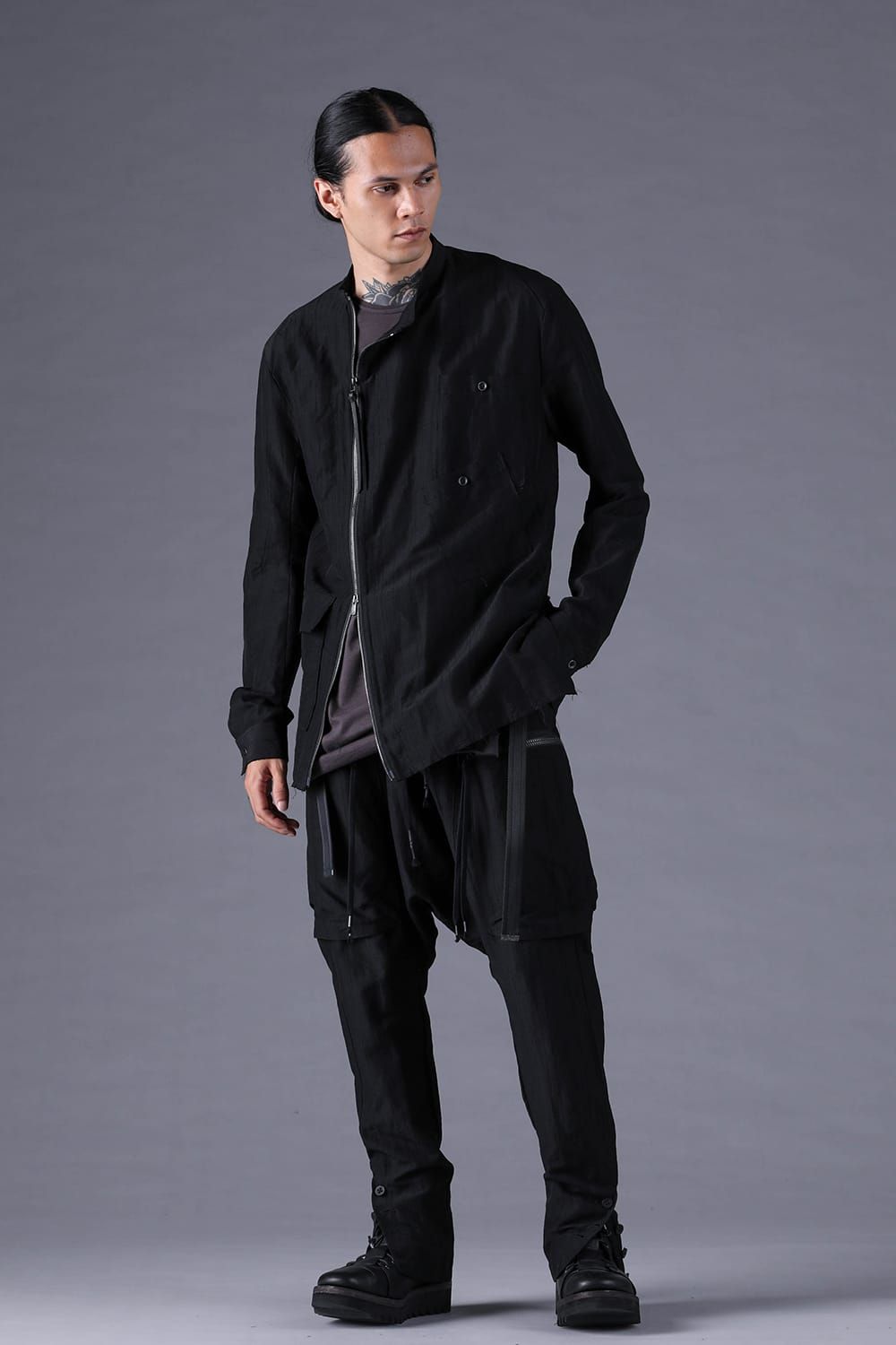 《2027SS先行予約分》Scarf-Stripe Jacquard Band-Collar Shirt"Black" / スカーストライプジャガードバンドカラーシャツ "ブラック"