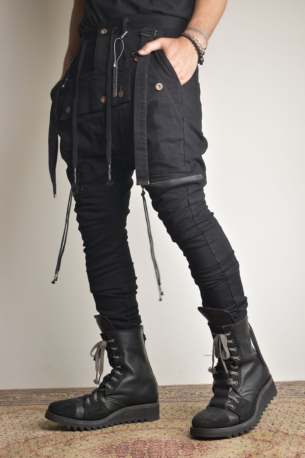 Stretch Denim Salopette Pocket Cargo Jogger Pants "Black" / ストレッチデニムサロペットポケットカーゴジョグパンツ"ブラック"