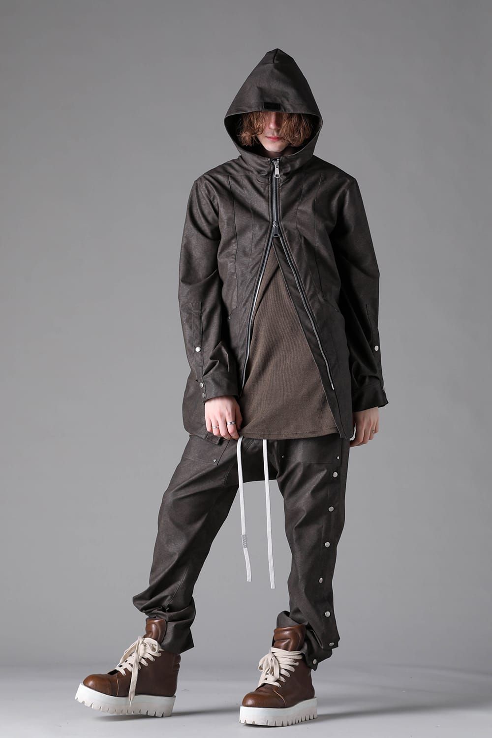 《2026AW先行予約》Vegan Leather Sarrouel Flare Pants"Smoke Black / Khaki" / ヴィーガンレザーサルエルフレアパンツ"スモークブラック/カーキ"