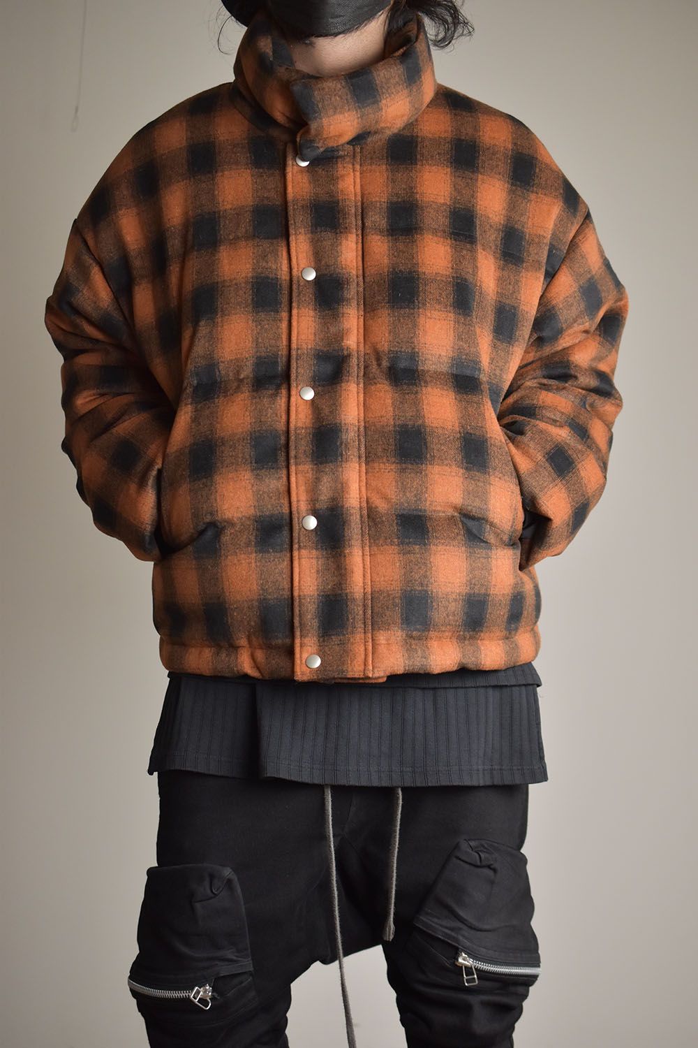 Cehck Pattern High Neck Down jacket"BK×OG"/チェックパターンハイネックダウン"ブラック×オレンジ"