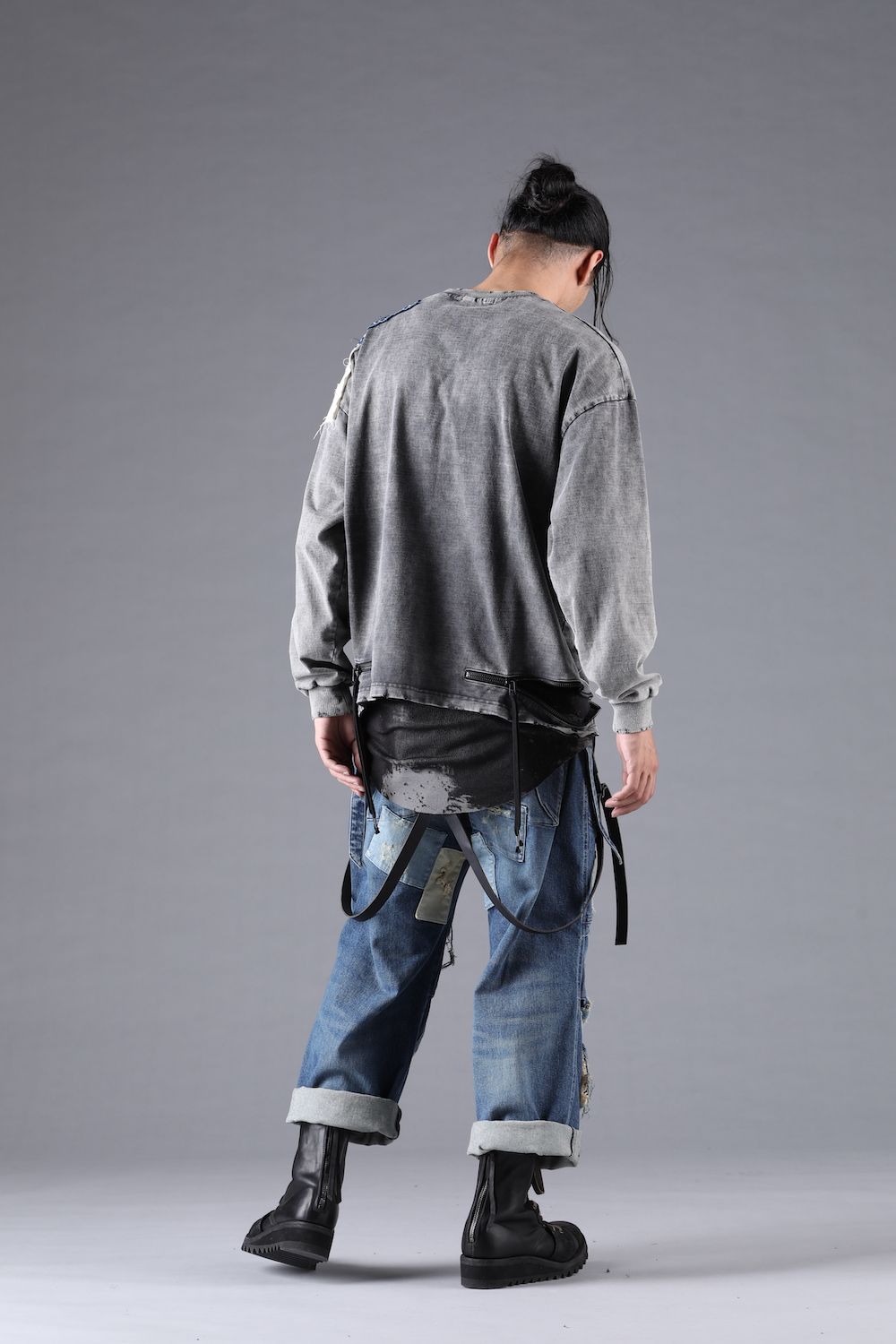 Damage Patch Open High Gauge Long Sleeve Tee"Charcoal" ダメージパッチジップオープンハイゲージロングスリーブTシャツ"チャコール"