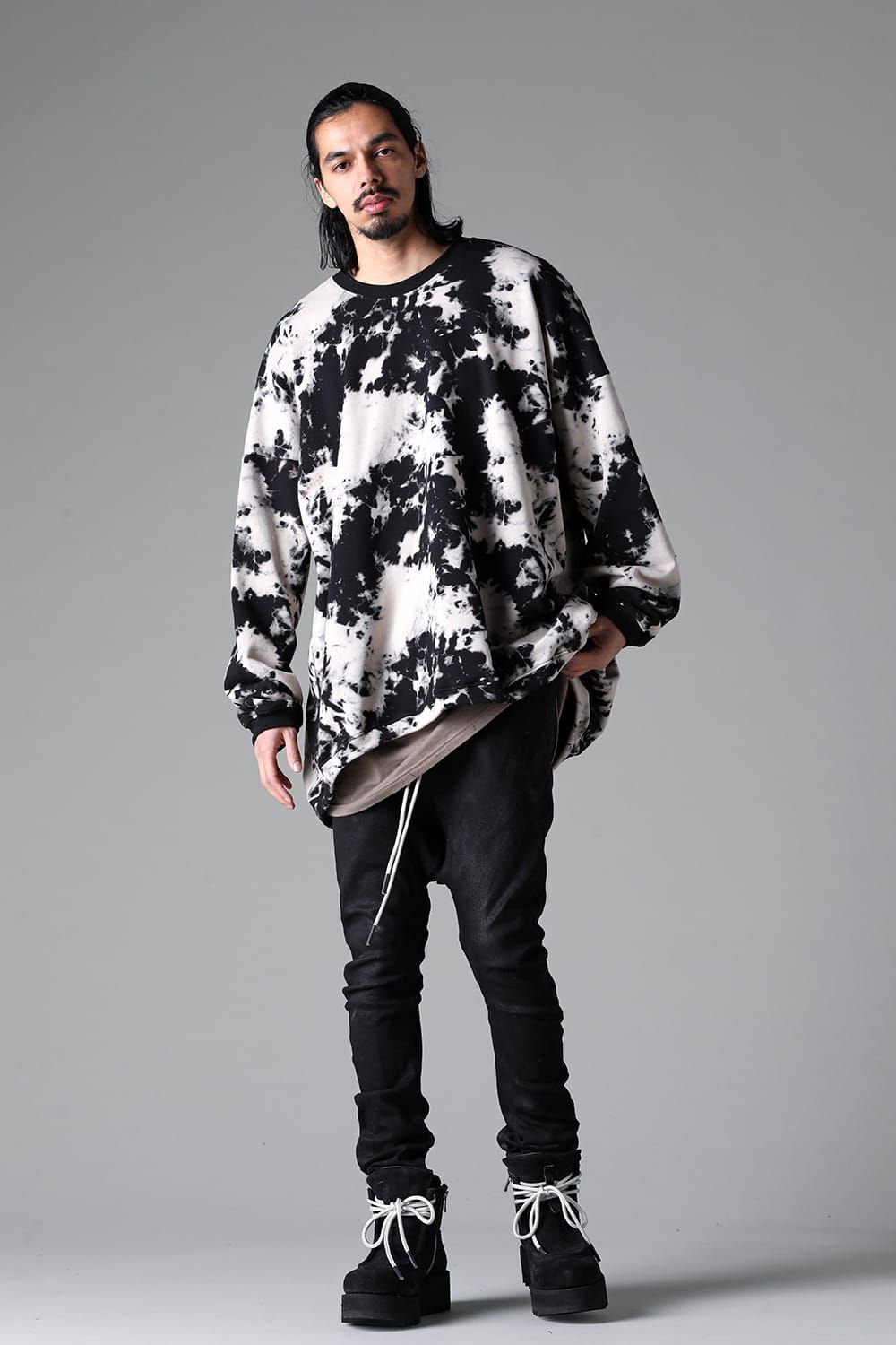 《2025AW先行予約》Discharge Pinting Jumbo Crew Neck Top"Black×Ivory" /ディスチャージプリントジャンボクルーネックトップ"ブラック×アイボリー"