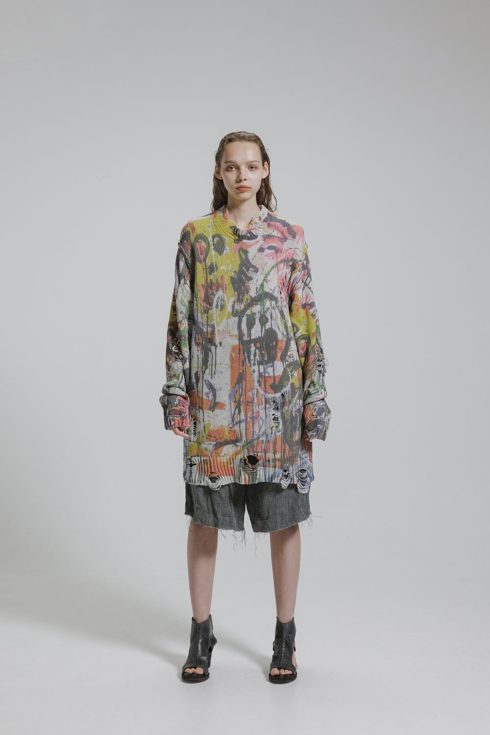 Inkjet Print Cotton 3GG Damaged Knit PulloVer"Color Print" / インクジェットプリント コットン 3GG ダメージニットプルオーバー "カラープリント"