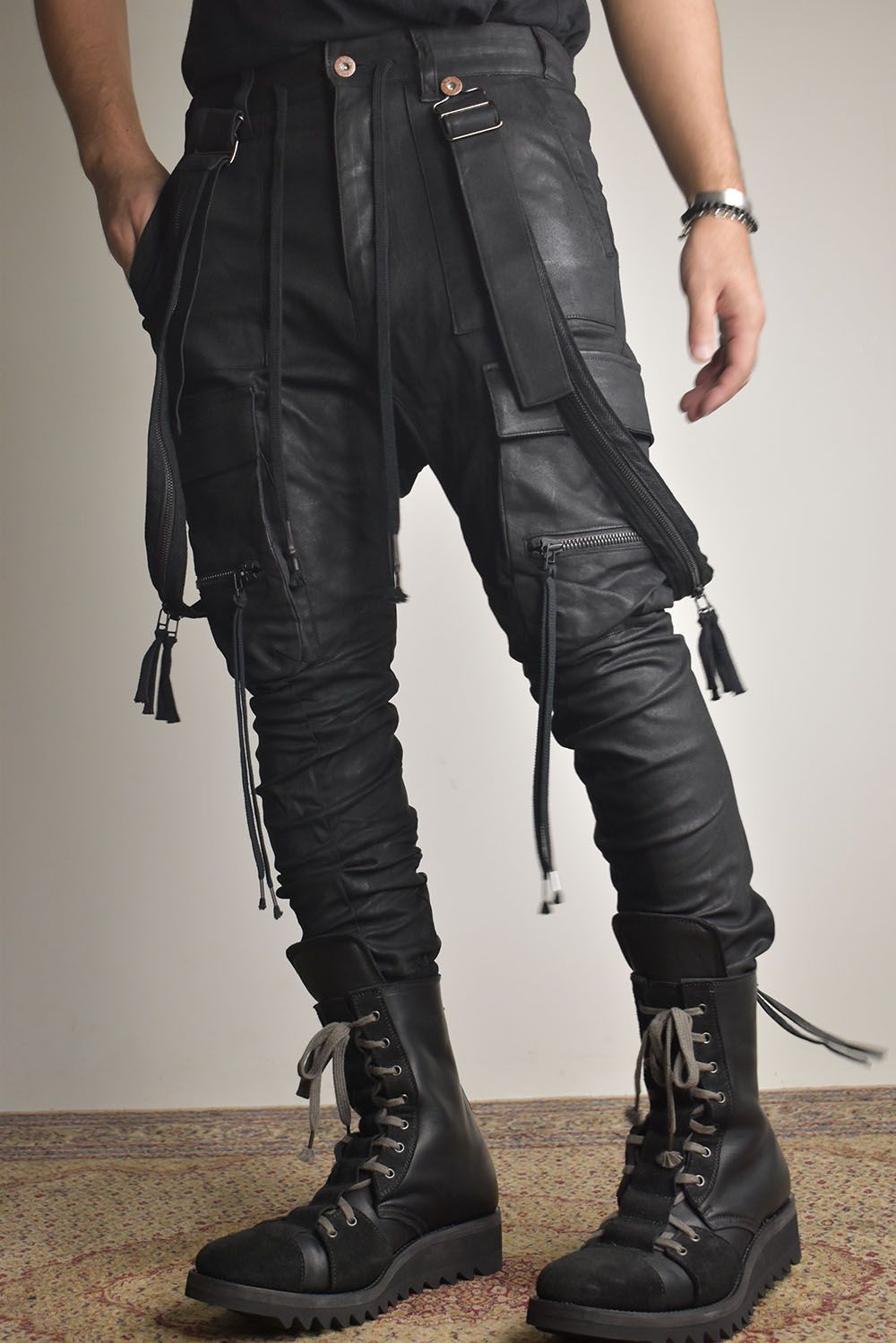Product Coated Suspenders Cargo Jog Pants "Black" / 製品コーティングサスペンダーベルトカーゴジョグパンツ"ブラック"