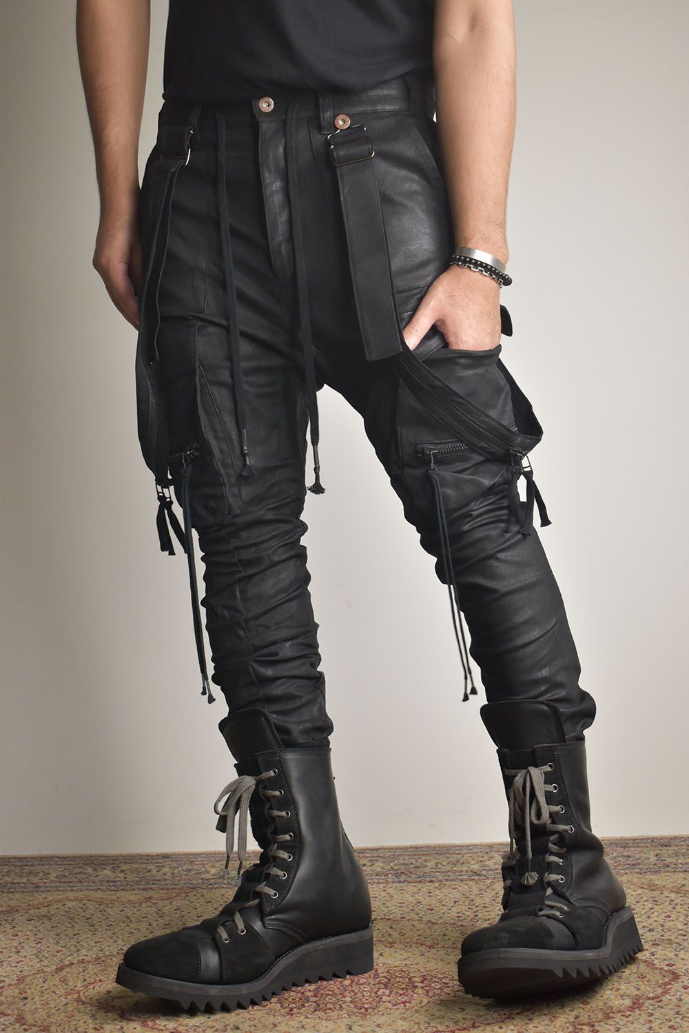 Product Coated Suspenders Cargo Jog Pants "Black" / 製品コーティングサスペンダーベルトカーゴジョグパンツ"ブラック"