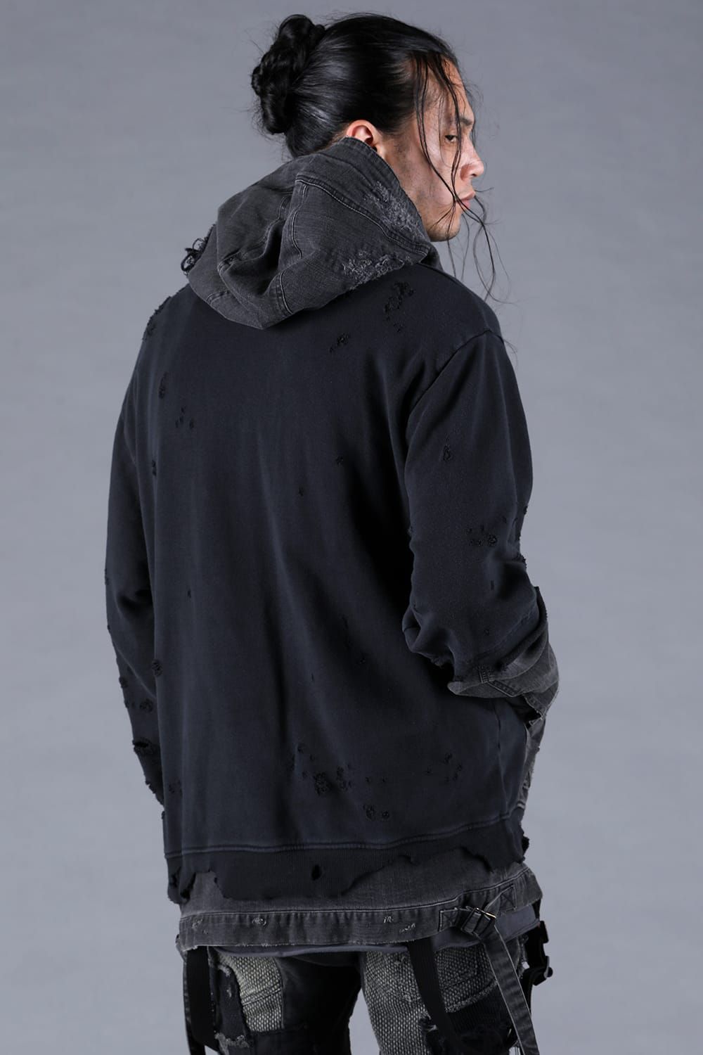 Denim Combination Non-Twisted Yarn Lined Oversized Pullover Hoodie"Black" / デニムコンビネーション無撚糸裏毛オーバーサイズプルオーバーフーディー"ブラック"