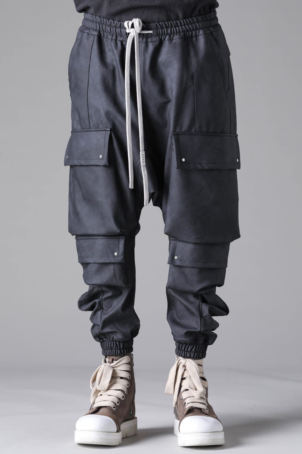 《2026AW先行予約》Vegan Leather Military Sarrouel Easy Pants"Smoke Black / Khaki" / ヴィーガンレザーミリタリーサルエルイージーパンツ"スモークブラック / カーキ"