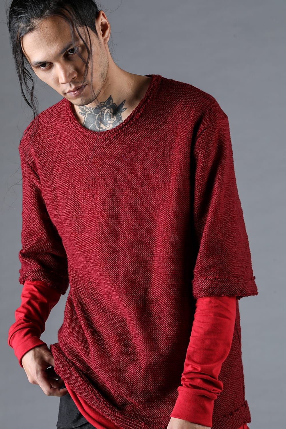 Low Gauge Knit and Cotton Jersey Layered T-Shirt "Red" / ローゲージニット×コットンジャージレイヤードTシャツ"レッド"