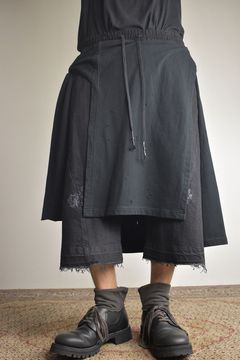 Stretch Denim Distressed Apron Wide Cropped Pants "Black" / ストレッチデニムダメージエプロンワイドクロップドパンツ"ブラック"