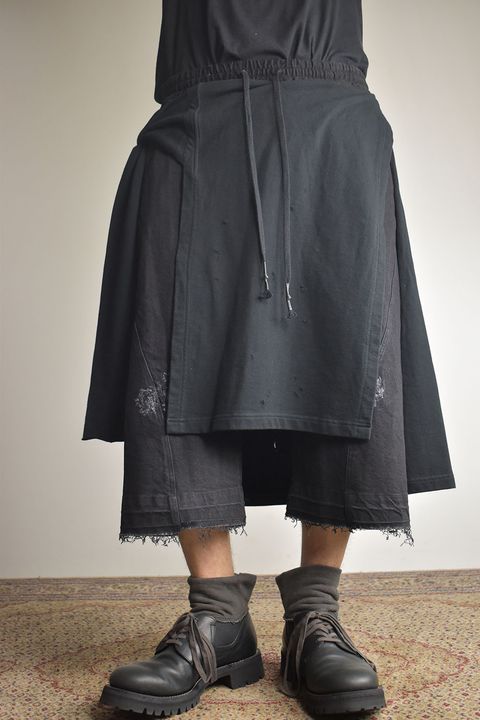 Stretch Denim Distressed Apron Wide Cropped Pants "Black" / ストレッチデニムダメージエプロンワイドクロップドパンツ"ブラック"