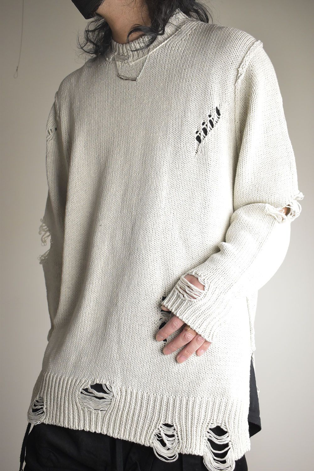 Cotton 3GG Damaged Knit Pullover"Light Grey" / コットン 3GG ダメージニットプルオーバー"ライトグレー"