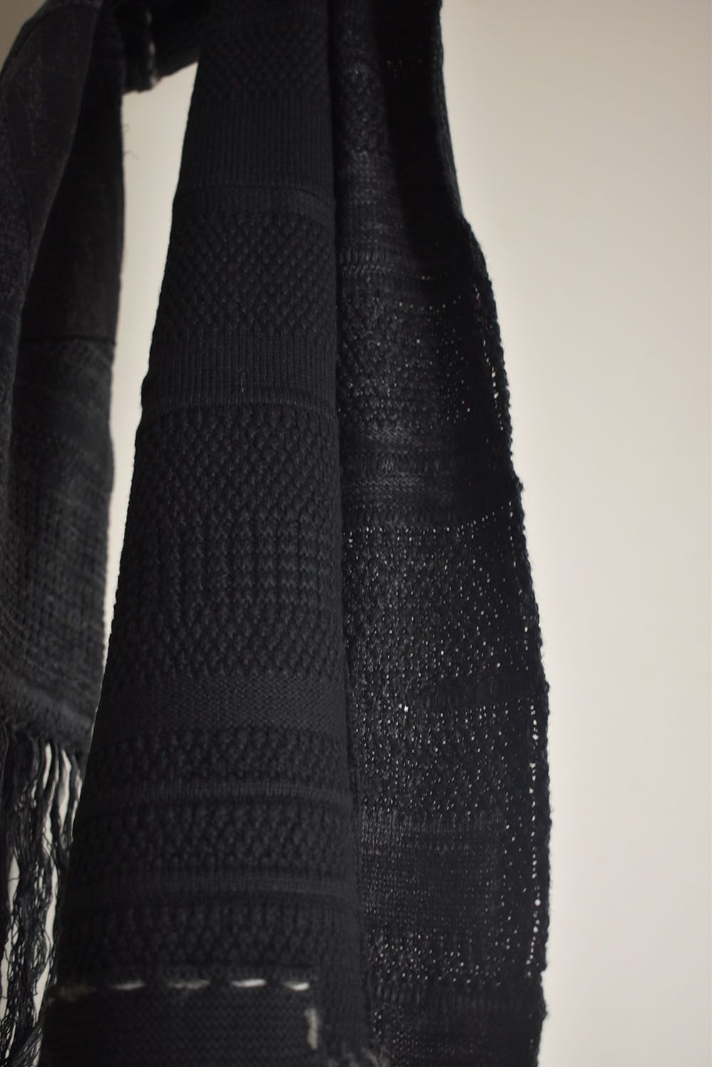 Cotton Cashmere Crust Patch Knit Long Stole "Charcoal x Black" / コットンカシミヤクラストパッチニットロングストール"チャコール×ブラック"