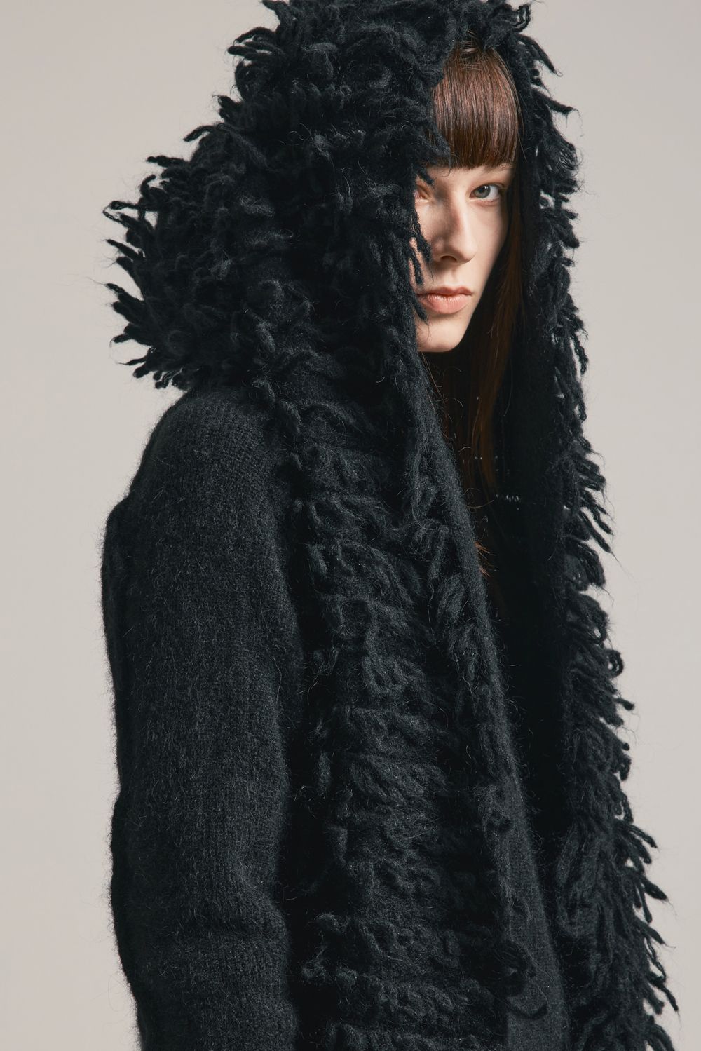 5GG Long Pile Knit Hoodie Stole"Black" / ロングパイルニットフーディストール"ブラック"