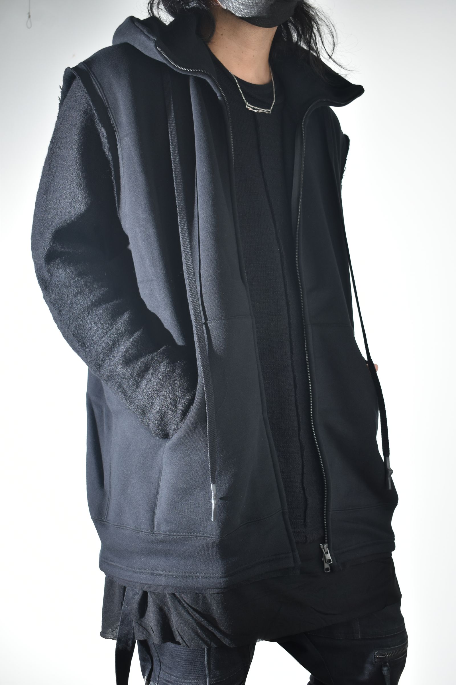 Over Size Sleeve Less Zip Up Parker"Black" / オーバーサイズスリーブレスジップアップパーカー"ブラック"