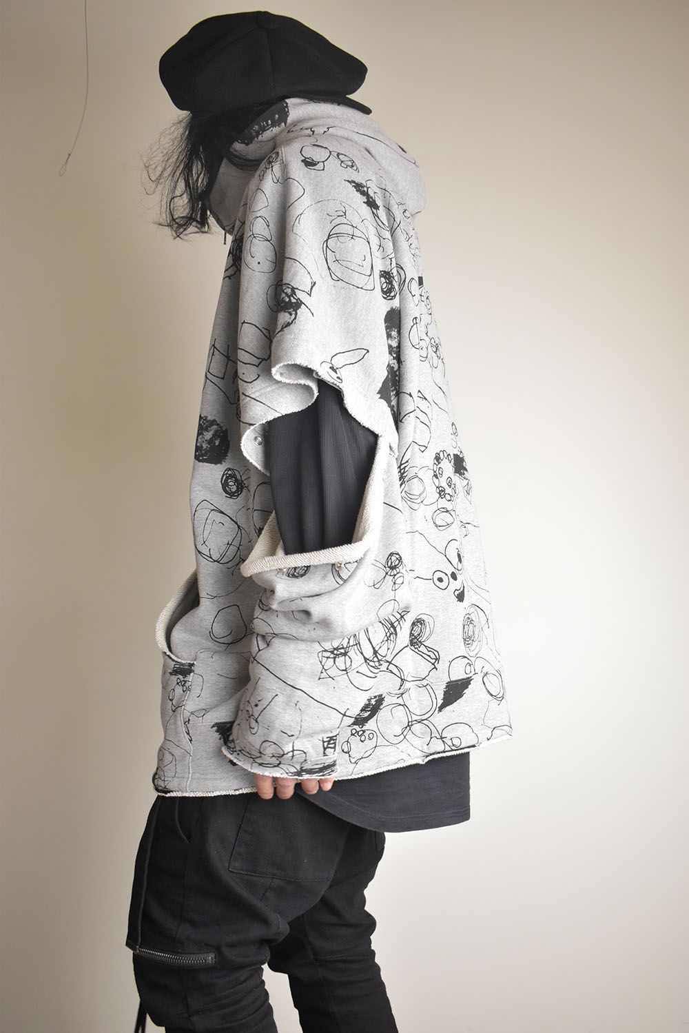 Sweat Oversize Print Zip Up Hoodie"Grey" / スウェットオーバーサイズプリントジップアップパーカ"グレー"