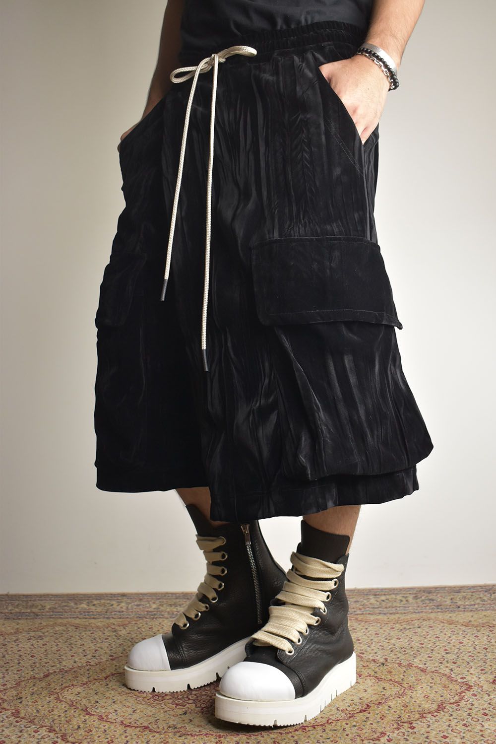 Washer Velour Wrap Skirt Pants"Black" / ワッシャーベロアラップスカートパンツ"ブラック"