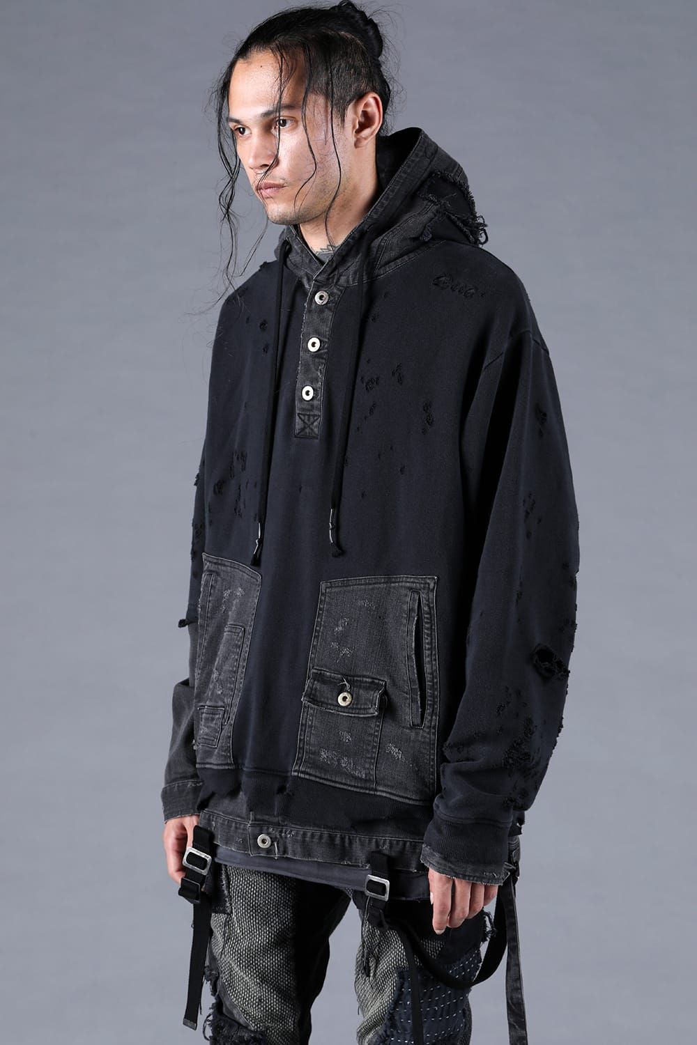 Denim Combination Non-Twisted Yarn Lined Oversized Pullover Hoodie"Black" / デニムコンビネーション無撚糸裏毛オーバーサイズプルオーバーフーディー"ブラック"