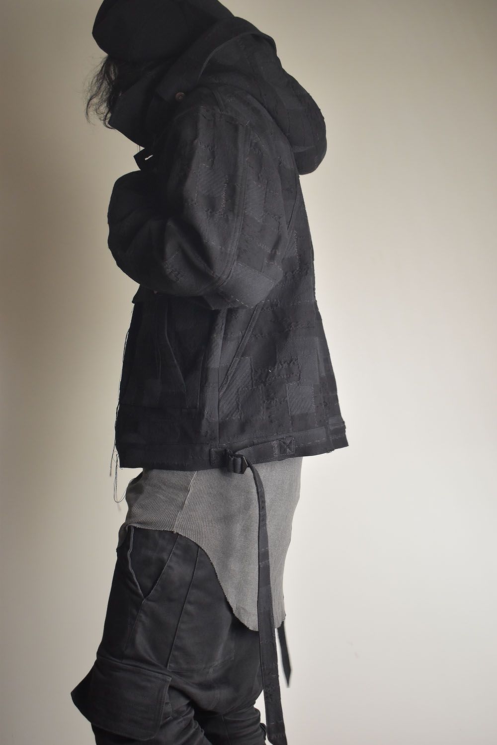 Crust Patchwork Jacquard Hood Attached Jacket "Black" / クラストパッチワークジャガードフードアタッチドジャケット"ブラック"