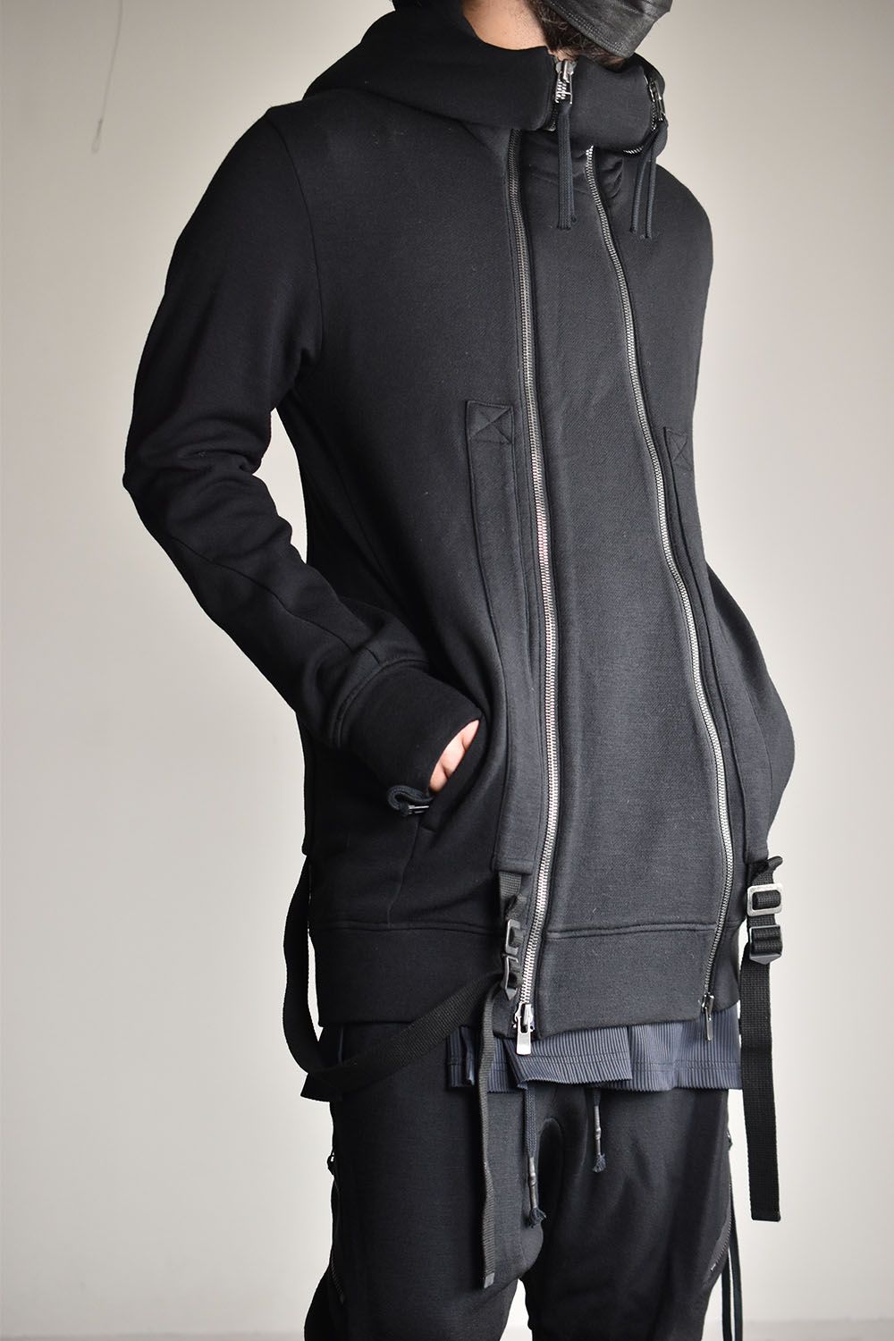 Wool Non-Ply Yarn Double Zip Suspender Hooded Jacket"Black"/ウール無撚糸裏毛ダブルジップサスペンダーフーデッドジャケット"ブラック"