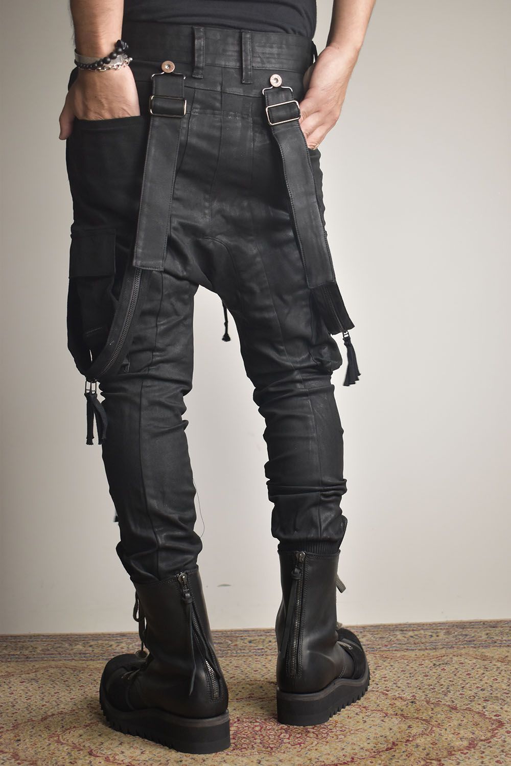 Product Coated Suspenders Cargo Jog Pants "Black" / 製品コーティングサスペンダーベルトカーゴジョグパンツ"ブラック"