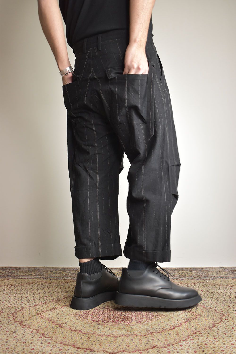 Faded Random Stripe Wide Cropped Pants"Black" / フェードランダムストライプワイドクロップドパンツ"ブラック"