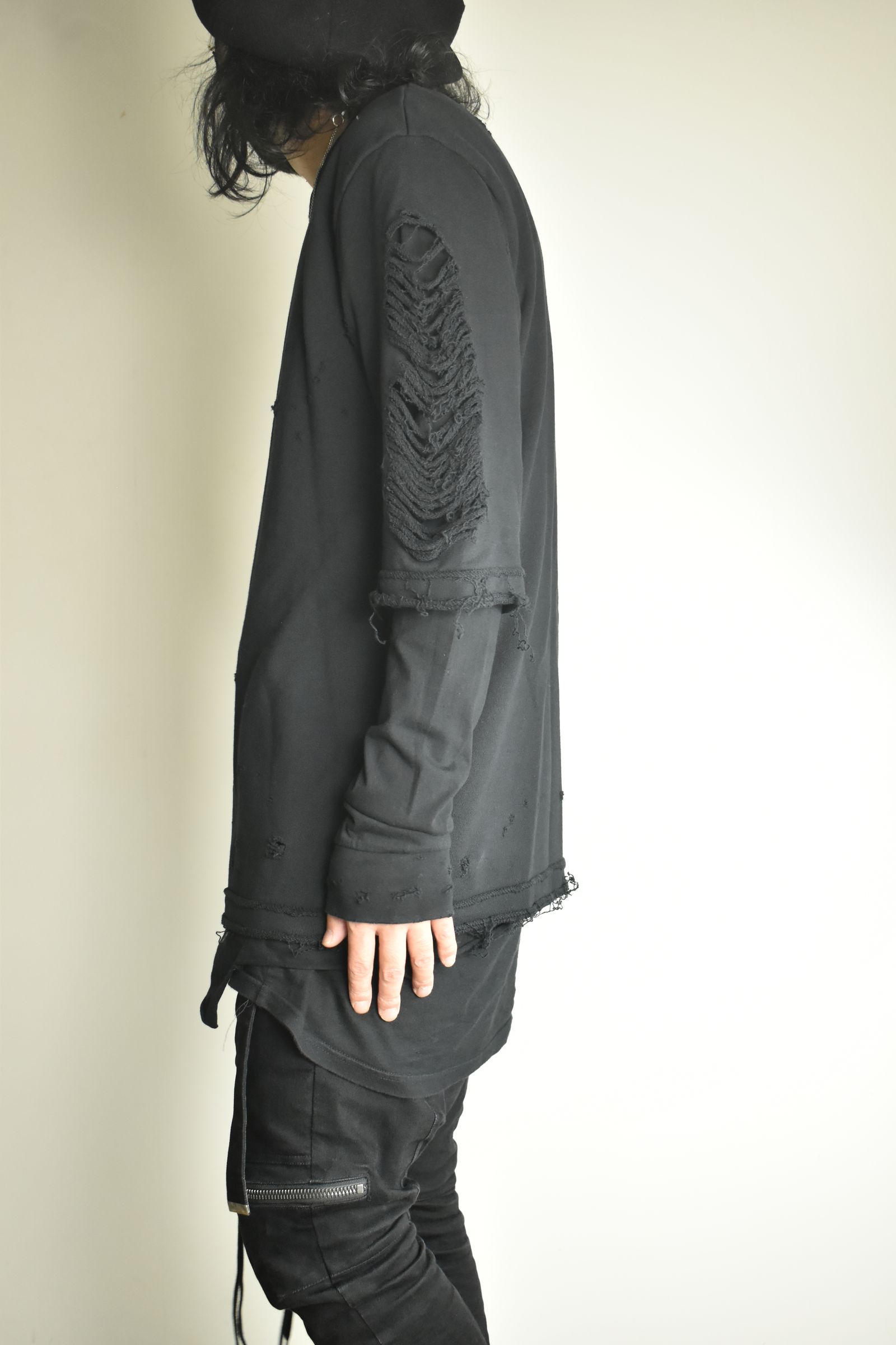 Sweat Shotgun Damage Layered Tee"Black" / 裏毛ショットガンダメージレイヤードTee"ブラック"