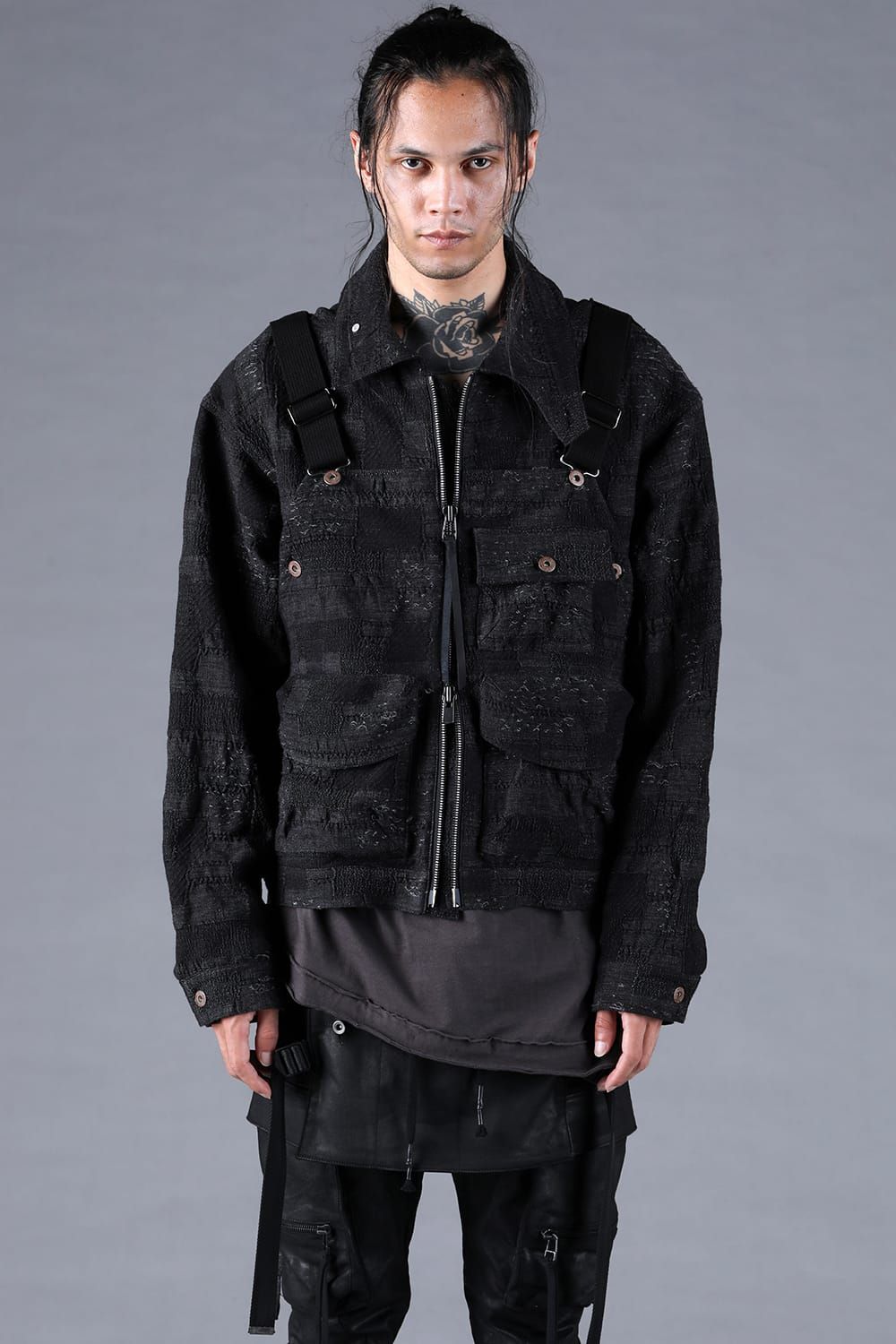 Crust Jacquard Salopette Layered Jacket"Black" / クラストジャガードサロペットレイヤードジャケット"ブラック"