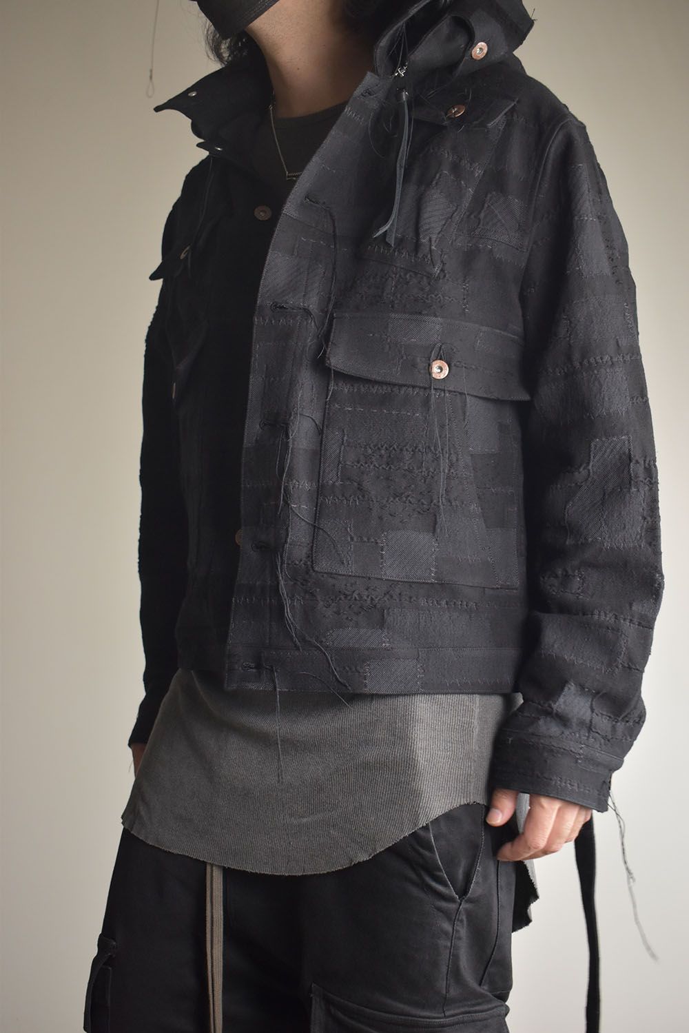 Crust Patchwork Jacquard Hood Attached Jacket "Black" / クラストパッチワークジャガードフードアタッチドジャケット"ブラック"