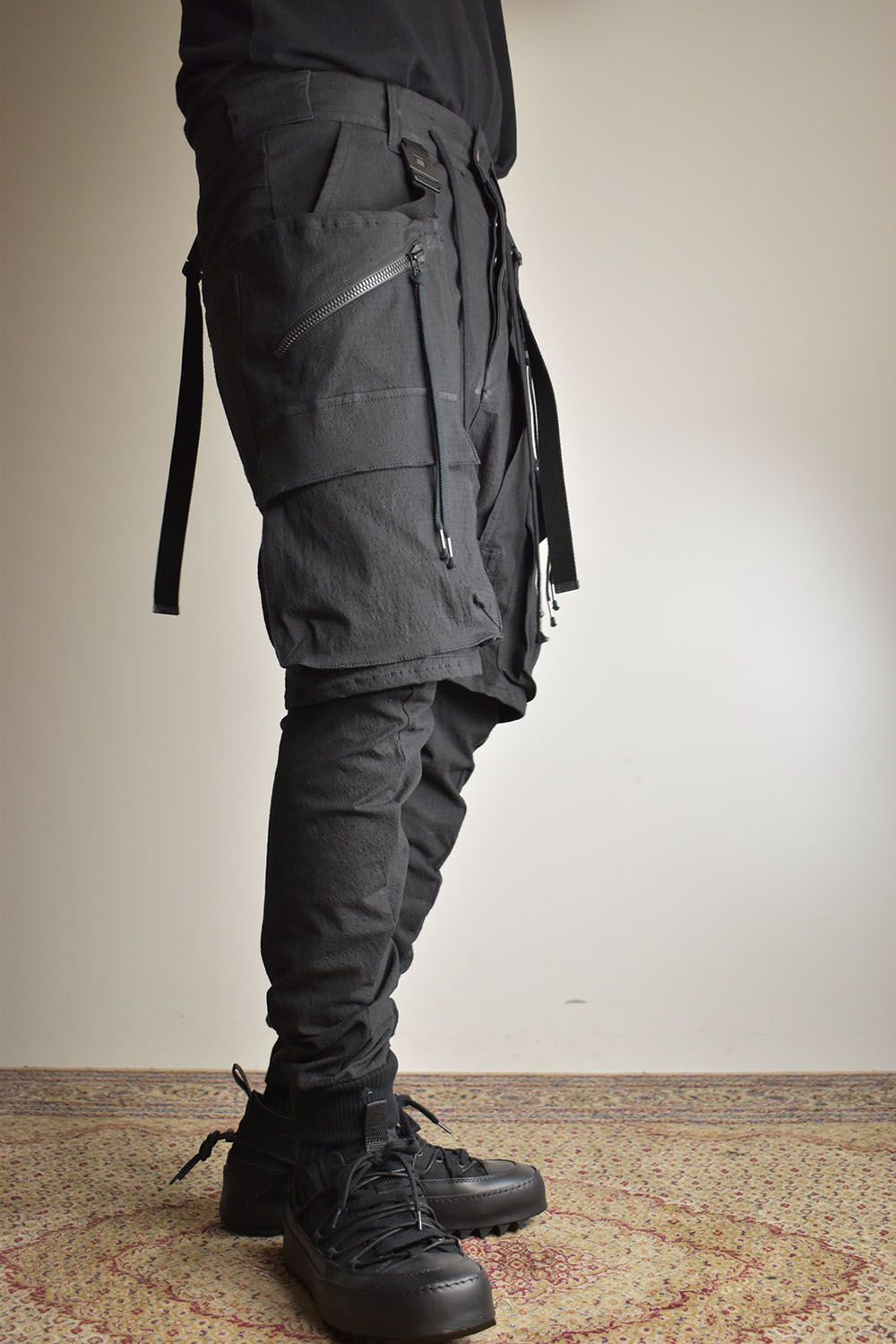 Ripstop Detachable Shorts Layered Cargo Jog Pants"Black" / リップストップデタッチャブルショーツレイヤードカーゴジョグパンツ"ブラック"