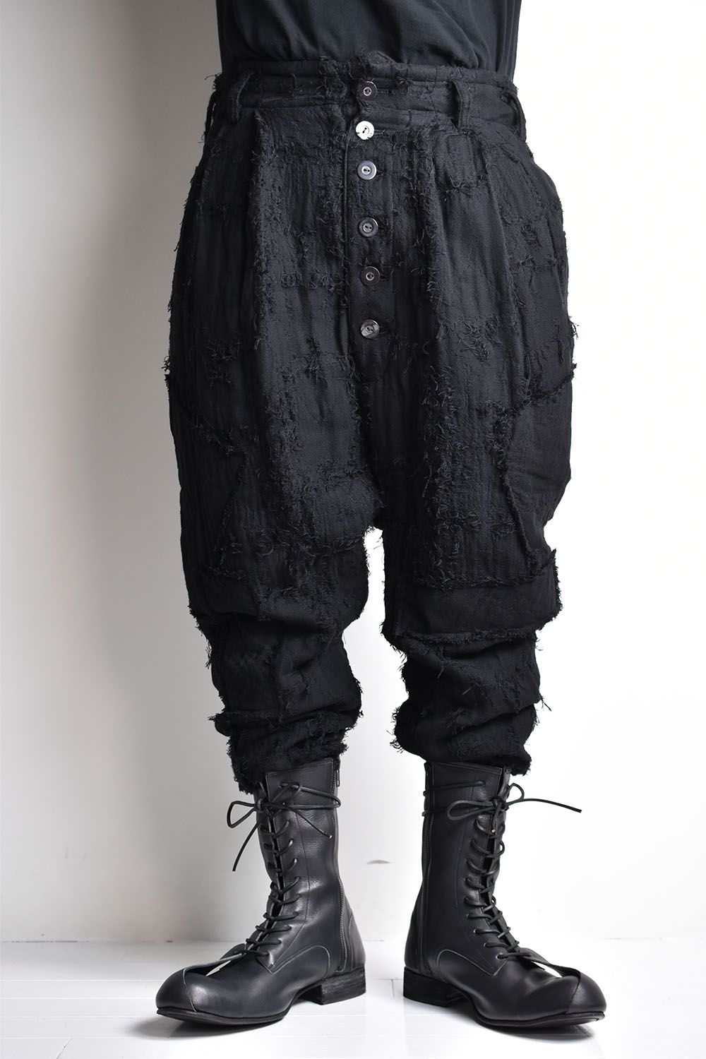 Patched Drop-Crotch 2Tuck Pants-BORO-"Black"/パッチドドロップクロッチ2タックパンツ-襤褸-"ブラック"